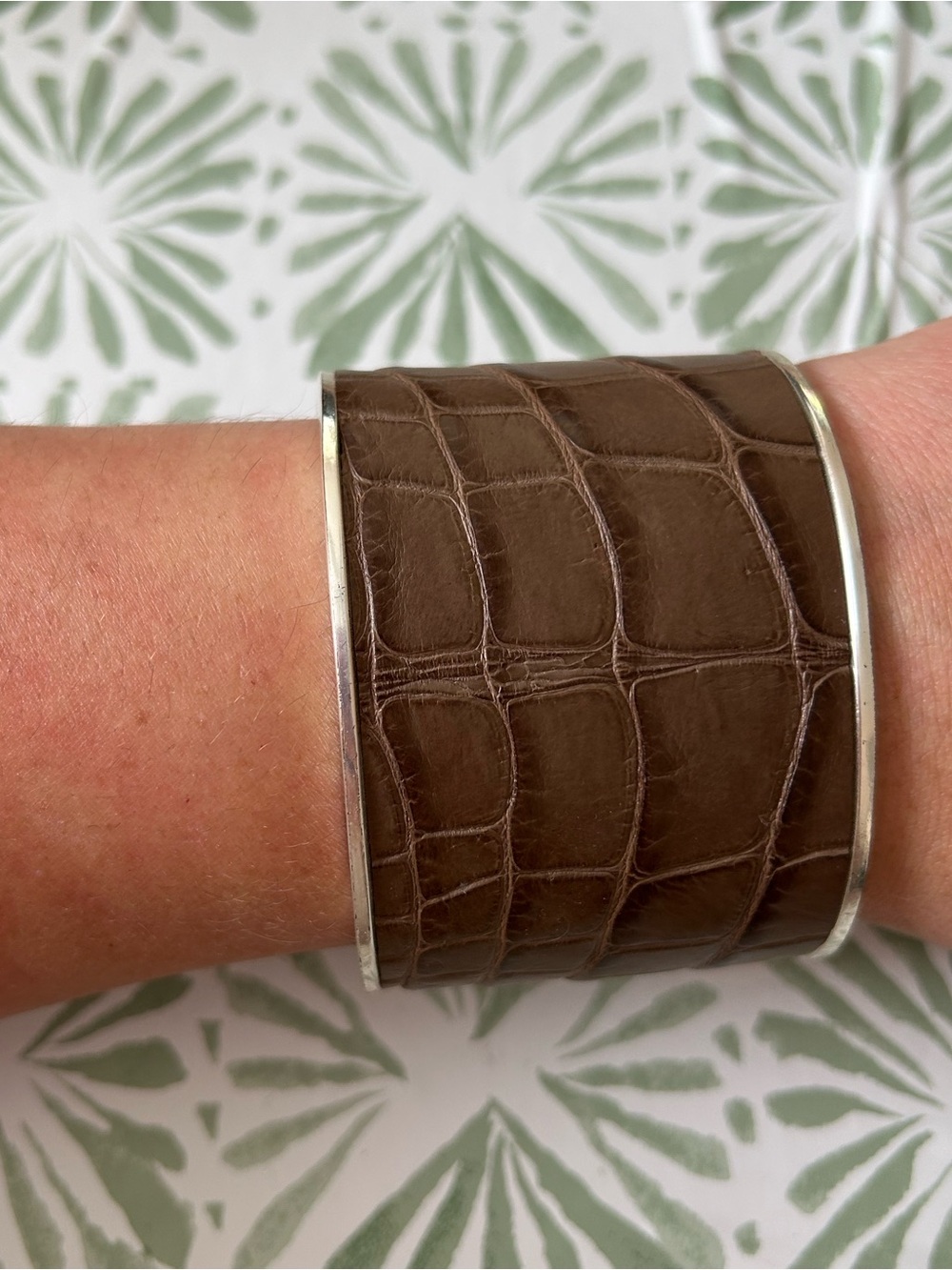 Taylor and Tessier Brown Croc-Embossed Leather Cuff Bracelet with Silver Trim